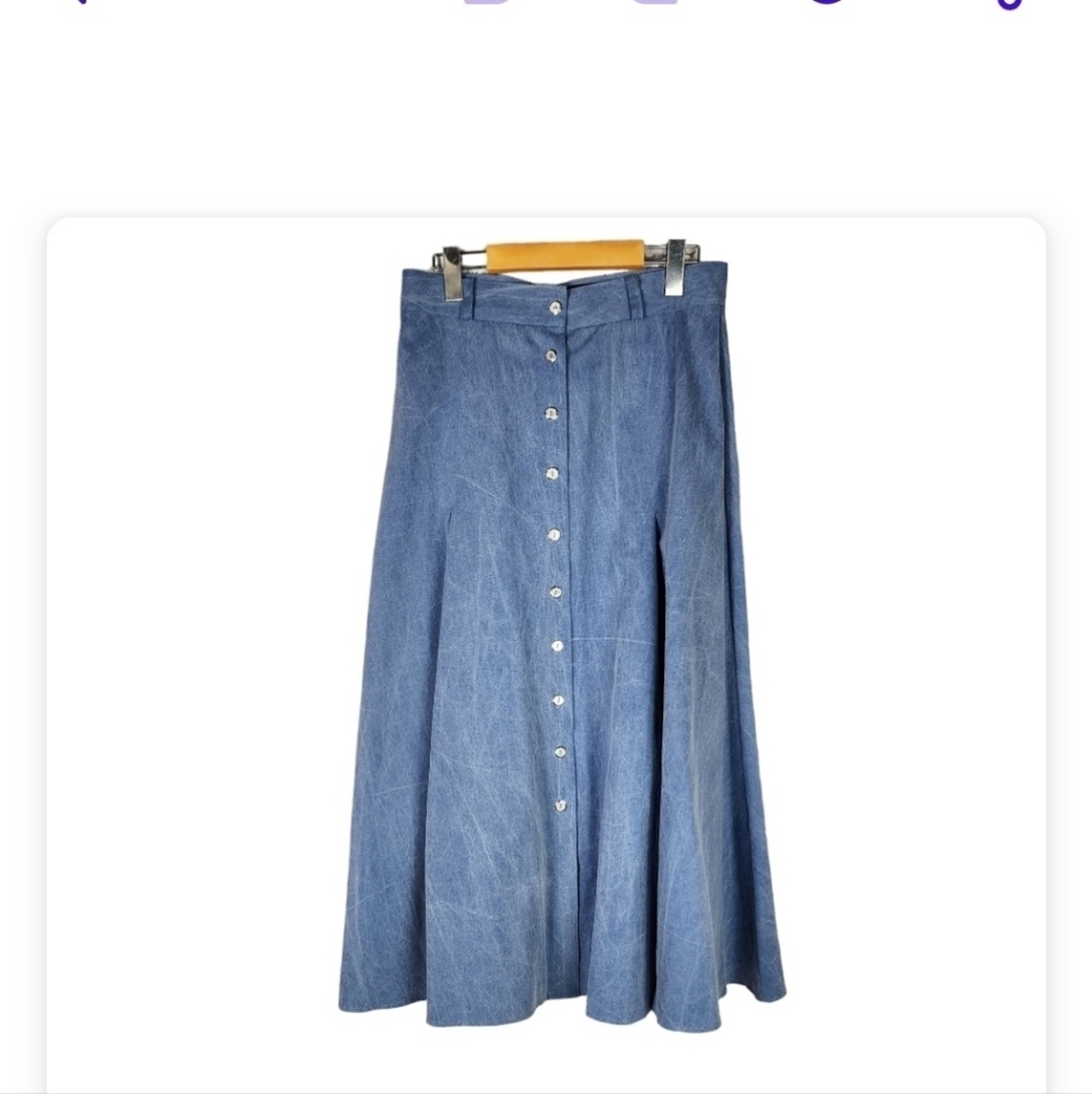 Vintage Western A Line Maxi Skirt Button Front Chambray Blue Cotton Size 11/12
